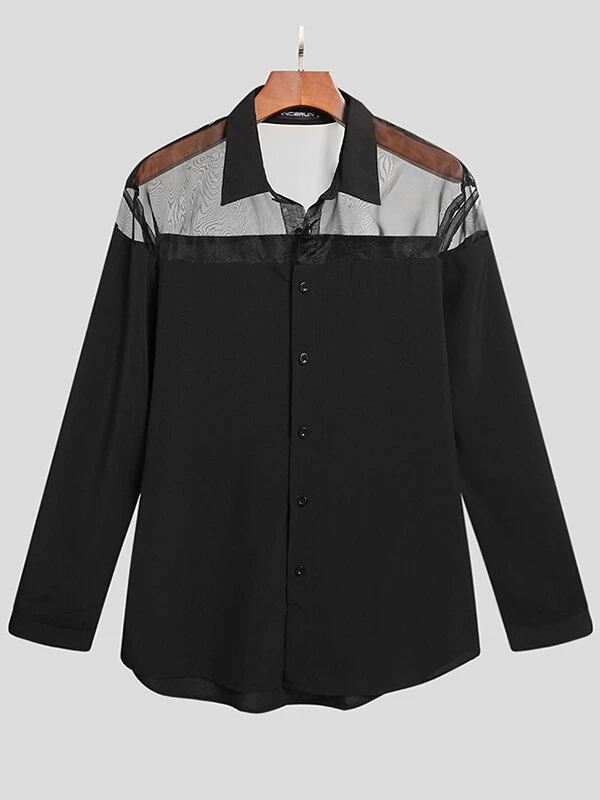 Men Sexy Mesh Patchwork Long Sleeve Shirt 6 Men Sexy Mesh Patchwork Long Sleeve Shirt - Image 4