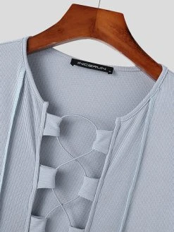 Mens Solid Lace-Up Long Sleeve Bodysuit -Incerun Shop d5e80232 e849 4aea 8390 44176beecde1