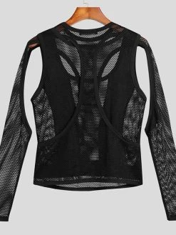 Mens Cutout Mesh See Through Solid Long Sleeve T-Shirt -Incerun Shop d5eec491 14f3 4350 88e5 ef6cc185c61e