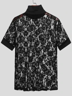 Mens Floral Lace See Through High Neck Short Sleeve T-Shirt -Incerun Shop d683d325 330f 48f8 b772 345b0eedc900