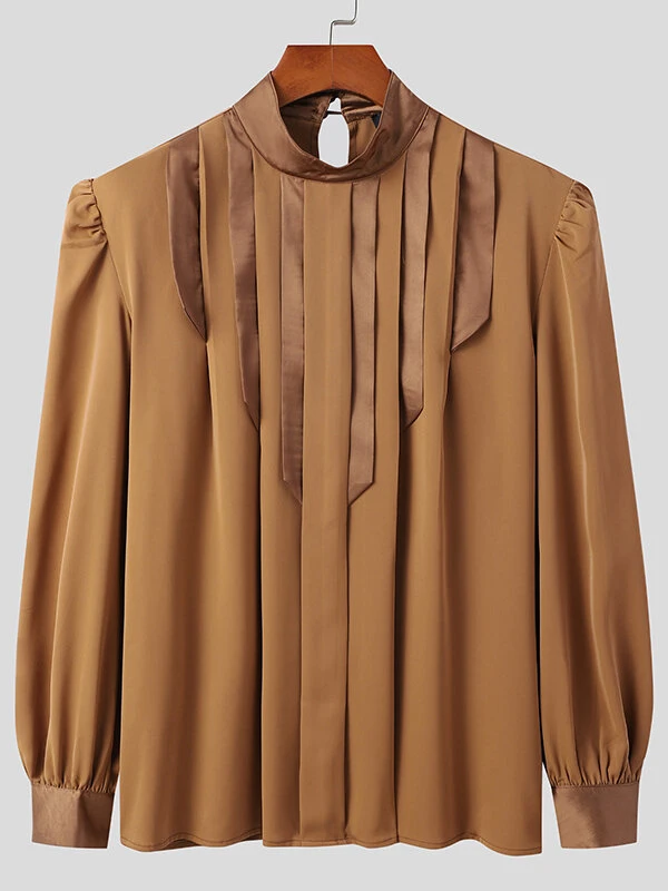 Men Pleated High Neck Long Sleeve Shirt 5 Men Pleated High Neck Long Sleeve Shirt - Image 3
