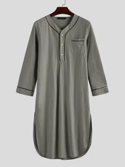 Long Sleeve Henley Shirt Design Chest Pokcets Sleepwear Loungewear Robe For Men -Incerun Shop d7247787 5f2d 4d40 911a 02a93a726926