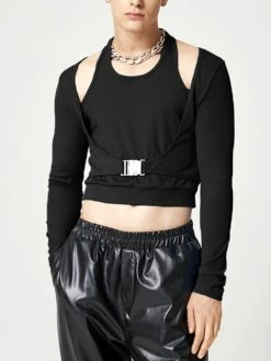 Mens Solid Long Sleeve Cutout Halter T-shirt