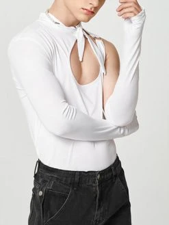 Mens Hollow Out Irregular Long-sleeved T-shirt