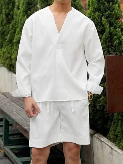 Mens Solid Texture V-Neck Casual Two Pieces Outfits