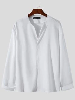 Men V-Neck Solid Color Long Sleeve Shirt -Incerun Shop d8a59a04 8574 4623 9afe 4218a2e4c1b3