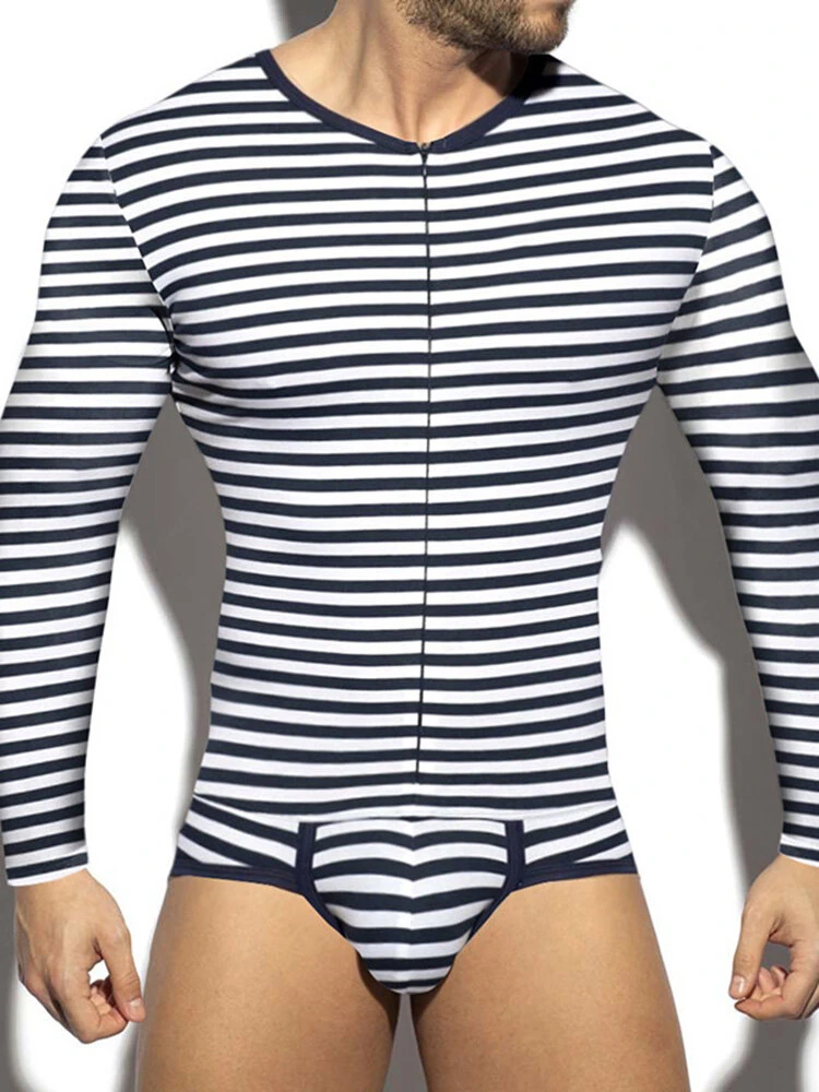 Mens Sexy Striped Zipper Long Sleeve Jumpsuit 4 Mens Sexy Striped Zipper Long Sleeve Jumpsuit - Image 2