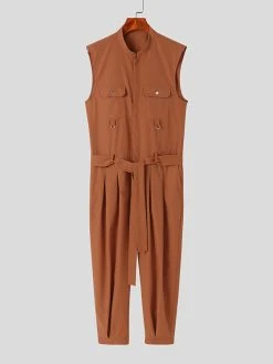 Mens Solid Pleated Flap Pocket Sleeveless Belted Jumpsuit -Incerun Shop da386dbe a1fd 4cd3 a54c f6487d242c31