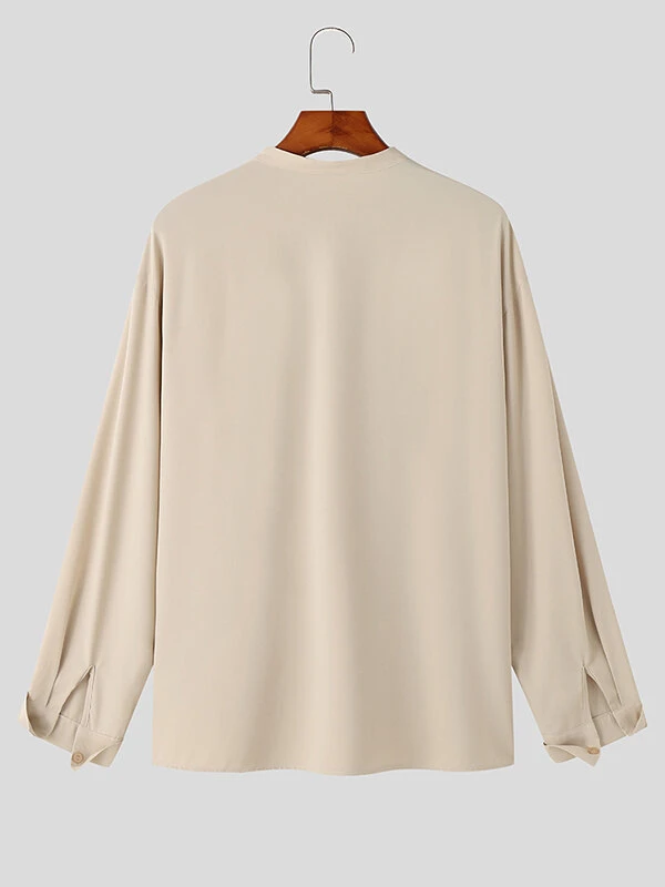 Mens Solid Stand Collar Wrap Design Long Sleeve Shirt 8 Mens Solid Stand Collar Wrap Design Long Sleeve Shirt - Image 6