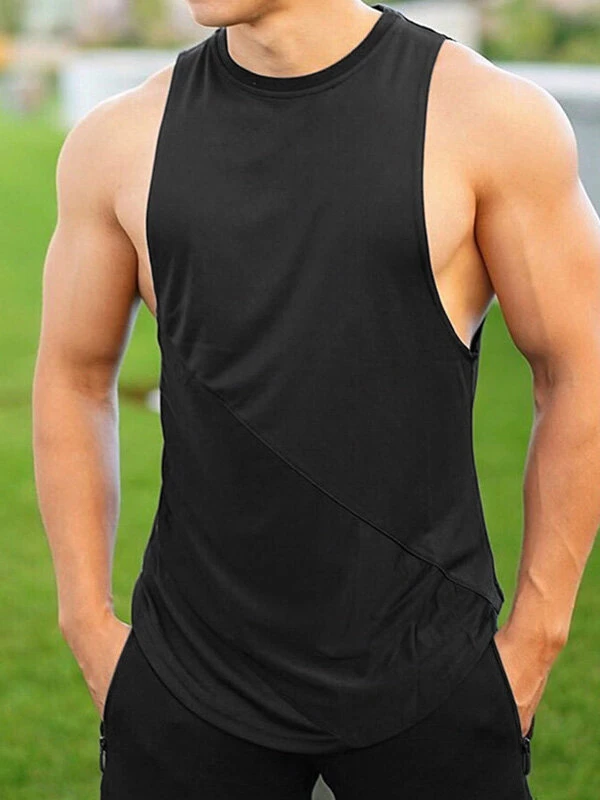 Men Solid Color Round Neck Curved Hem Vest 4 Men Solid Color Round Neck Curved Hem Vest - Image 2