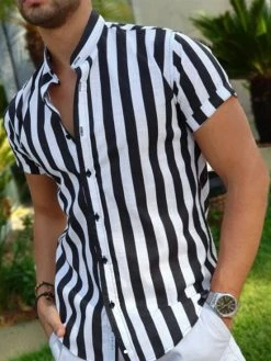 Men Vintage Stand-up Collar Short Sleeve Striped Shirt 11 Men Vintage Stand-up Collar Short Sleeve Striped Shirt -Incerun Shop db52e7e5 125e 4510 a181 667b40de052b