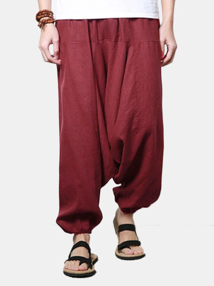 Mens Cotton Linen Solid Casual Wide Legs Harem Pants 3 Mens Cotton Linen Solid Casual Wide Legs Harem Pants