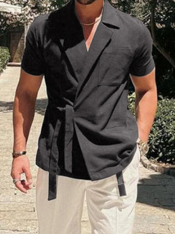 Mens Solid Lapel Tie Side 100%Cotton Short Sleeve Shirt 5 Mens Solid Lapel Tie Side 100%Cotton Short Sleeve Shirt - Image 3