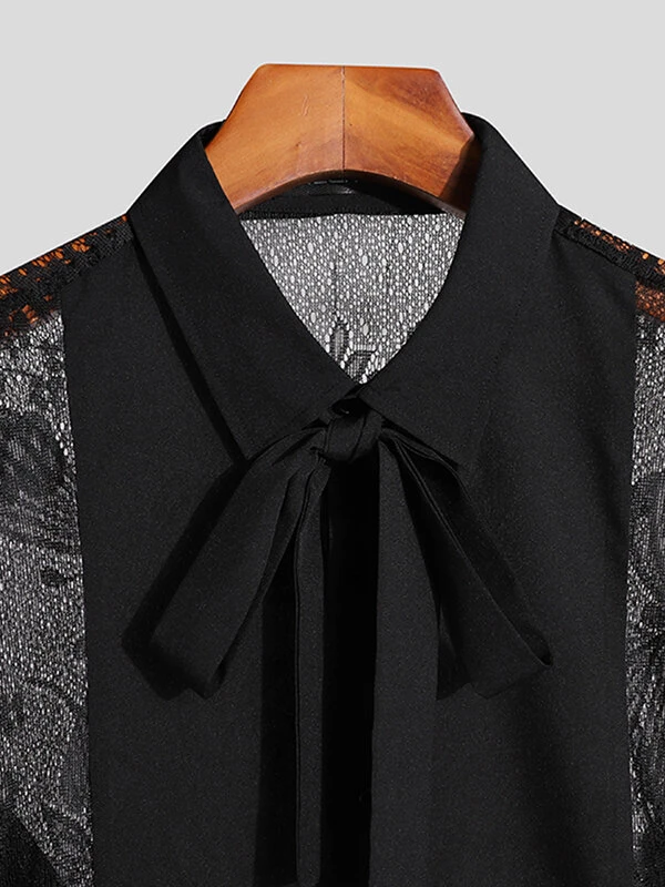 Mens Lace See Through Bowknot Long Sleeve Shirt 11 Mens Lace See Through Bowknot Long Sleeve Shirt - Image 9