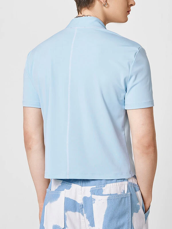 Mens Topstitching V-Neck Short Sleeve Crop Shirt 6 Mens Topstitching V-Neck Short Sleeve Crop Shirt - Image 4