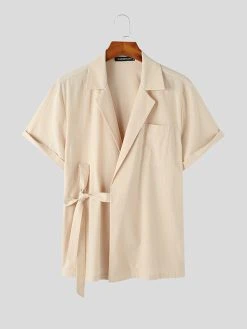 Mens Solid Lapel Tie Side 100%Cotton Short Sleeve Shirt 14 Mens Solid Lapel Tie Side 100%Cotton Short Sleeve Shirt -Incerun Shop de723a9b d137 48cf 8a4e 6bc779d29020