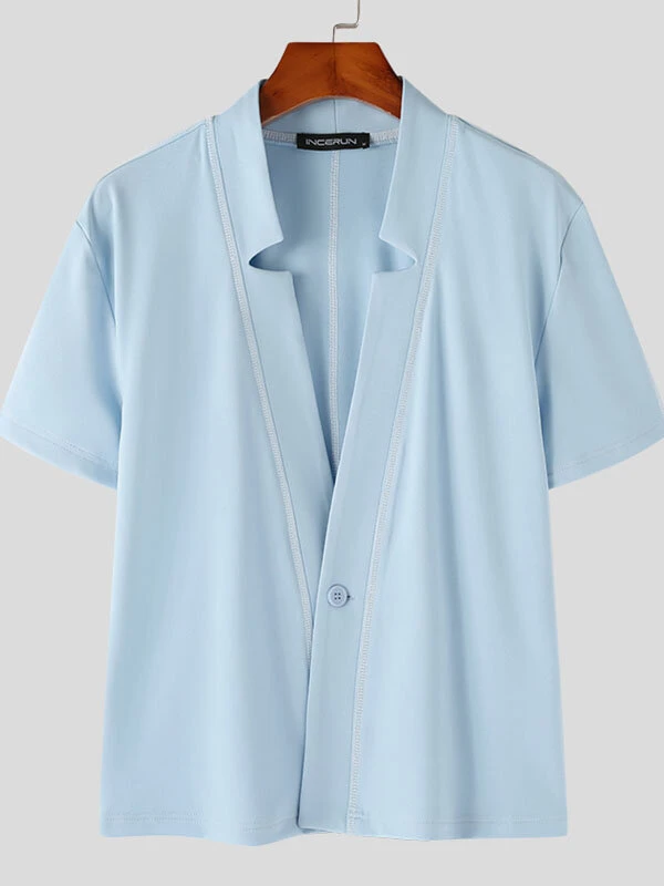 Mens Topstitching V-Neck Short Sleeve Crop Shirt 7 Mens Topstitching V-Neck Short Sleeve Crop Shirt - Image 5