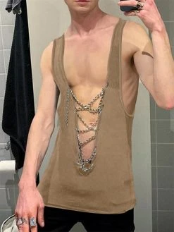 Mens Chain Lace Up V-Neck Tank Top -Incerun Shop e114a38a b9e6 4e8b b8c2 372d792e4fe8