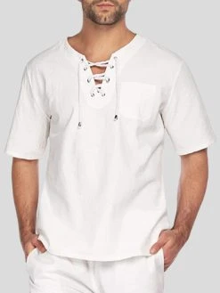 Mens Solid Drawstring V-Neck Cotton Short Sleeve T-Shirt -Incerun Shop e115dc12 1206 42bc 991a ddab61e33e3b