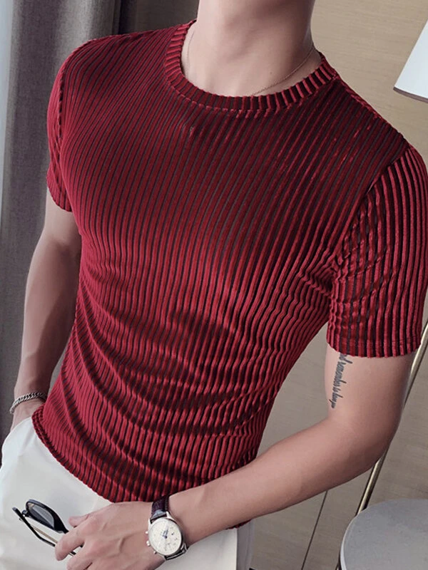 Mens Velvet Striped Round Neck Casual T-shirts 5 Mens Velvet Striped Round Neck Casual T-shirts - Image 3