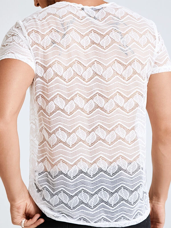 Men Lace Crew Neck Short Sleeve T-Shirt 4 Men Lace Crew Neck Short Sleeve T-Shirt - Image 2