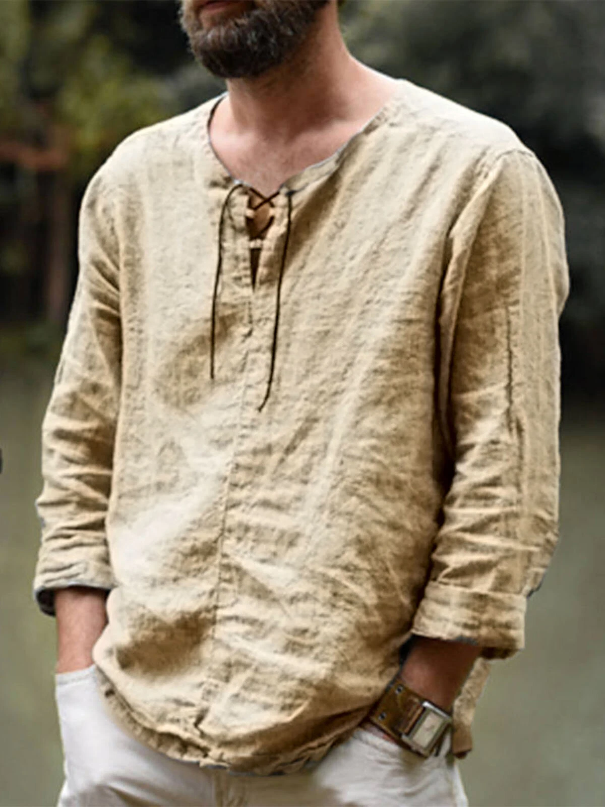 Mens Solid Lace-Up Neck 100%Cotton Long Sleeve T-Shirt 3 Mens Solid Lace-Up Neck 100%Cotton Long Sleeve T-Shirt