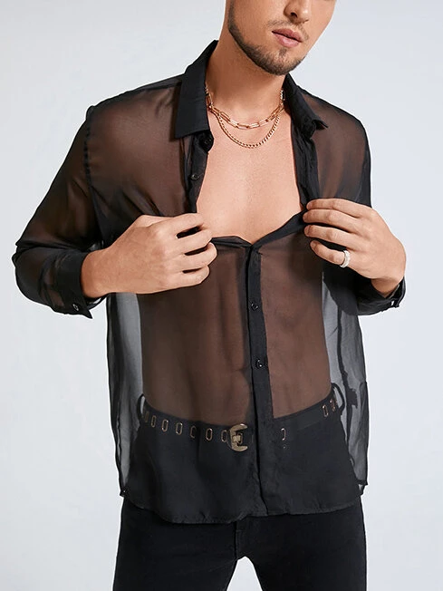 Mens Transparent Mesh See Through Long Sleeve Shirt 5 Mens Transparent Mesh See Through Long Sleeve Shirt - Image 3