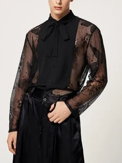 Mens Lace See Through Bowknot Long Sleeve Shirt