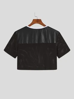 Men Mesh Patchwork Artificial Leather Short Crop Top -Incerun Shop e4362ae4 7f99 44ab 8281 a00946eb0a54