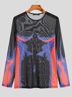 Mens Abstract Print See Through Mesh Long Sleeve T-Shirt -Incerun Shop e4897c9c f9da 4de3 9257 6a4127d43075
