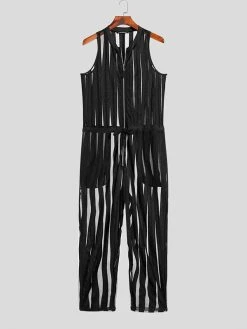 Mens Striped See Through Zip Front Sleeveless Jumpsuit -Incerun Shop e49c3766 6db6 478b b2fa 774b441a266c