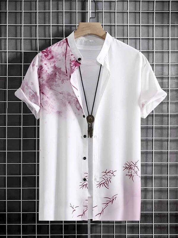 Mens Floral Bamboo Print Stand Collar Short Sleeve Shirt 4 Mens Floral Bamboo Print Stand Collar Short Sleeve Shirt - Image 2