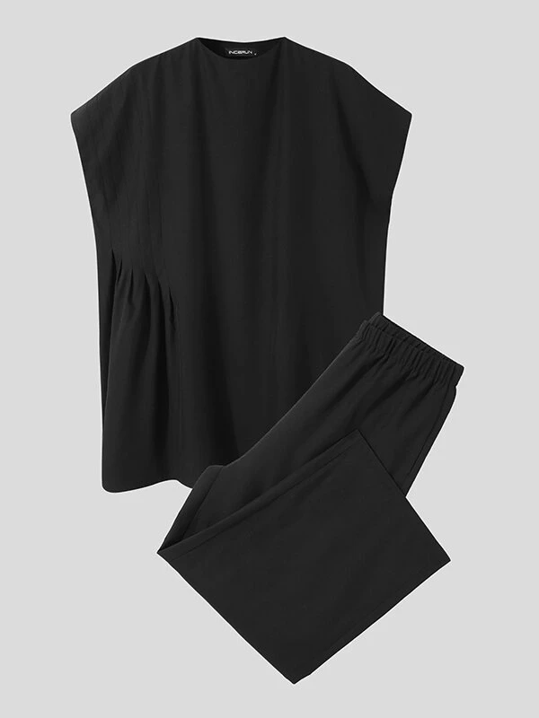 Men Plain Pleated Loose 2 Piece Set 5 Men Plain Pleated Loose 2 Piece Set - Image 3