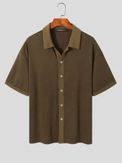 Mens Ribbed Knit Lapel Collar Button Shirt -Incerun Shop e6fd62cb 9595 42aa bc1f 03999a682074