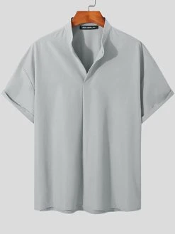 Mens Solid Stand Collar Casual Short Sleeve Henley Shirt -Incerun Shop e7d9bc7d 5203 41b6 8991 a2d8b5be0539