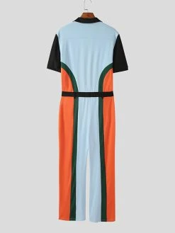 Mens Multicolor Patchwork Short Sleeve Lapel Jumpsuit -Incerun Shop e8bb7890 8cba 4e4a 9c2c 3e7eeff46174