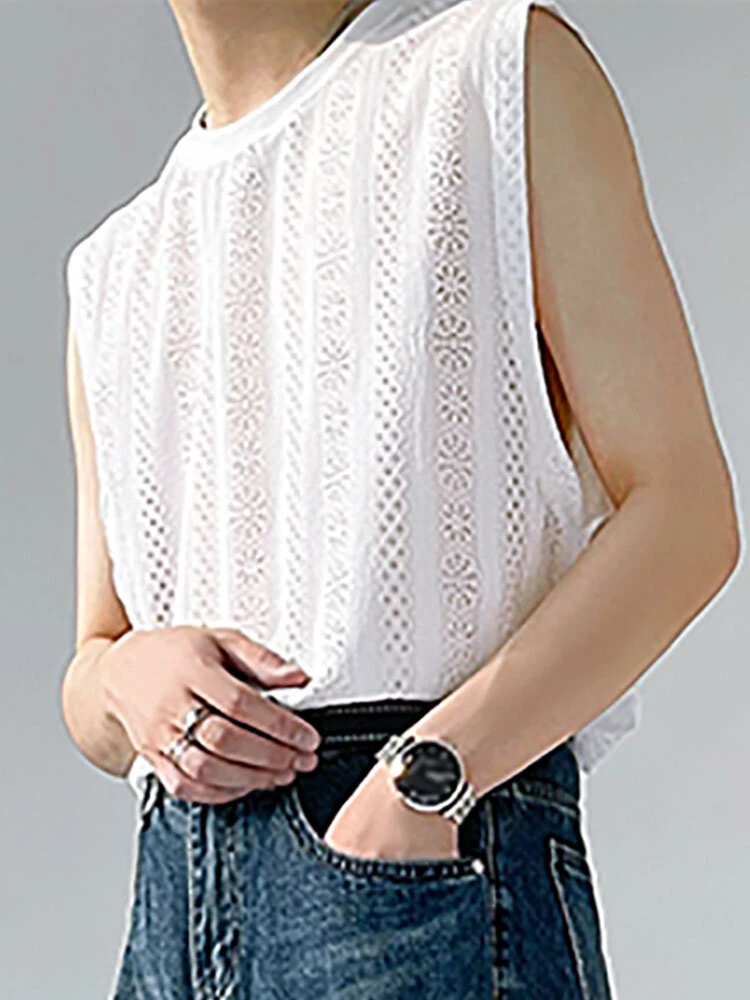 Mens Lace Solid Sleeveless Crew Neck Tank Top 5 Mens Lace Solid Sleeveless Crew Neck Tank Top - Image 3