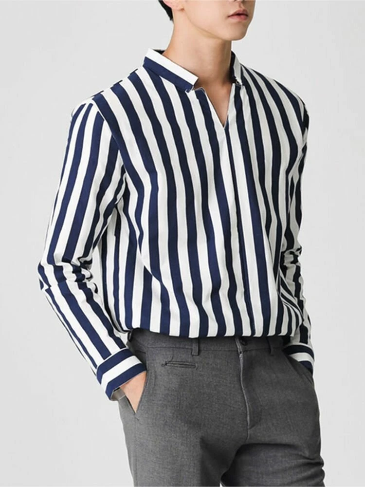 Men's Stand Collar V-neck Striped Shirts 8 Men's Stand Collar V-neck Striped Shirts - Image 6