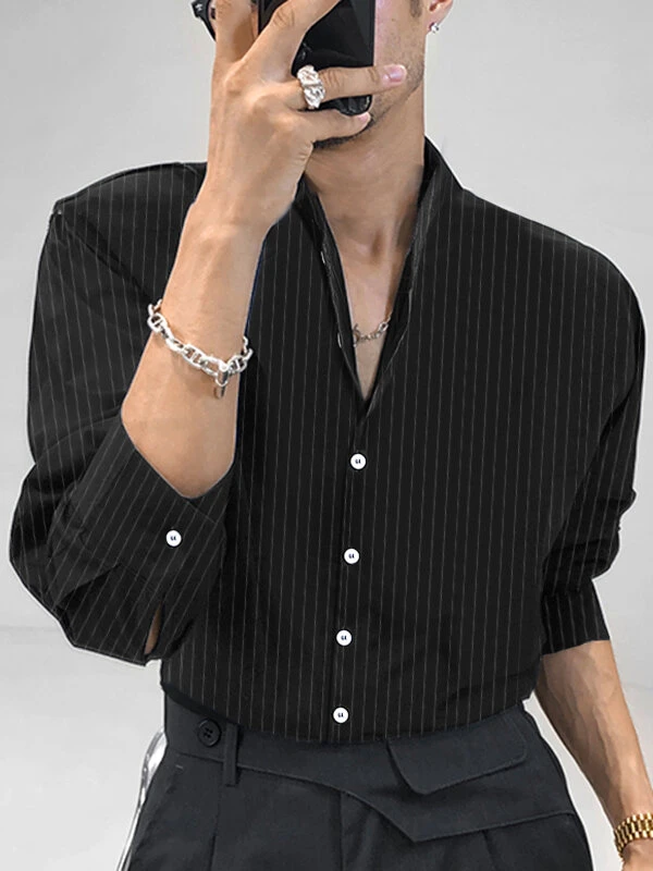 Men Cotton Linen Striped Stand Collar Shirt 4 Men Cotton Linen Striped Stand Collar Shirt - Image 2