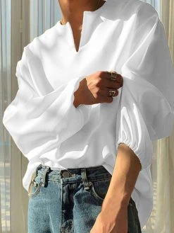 Mens Solid V-Neck Long Sleeve Casual Loose T-Shirt