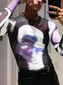 Men Sheer Mesh See Through Abstract Stretch T-Shirt -Incerun Shop ebe61025 37f4 48ae b4db c47332c8a7cc