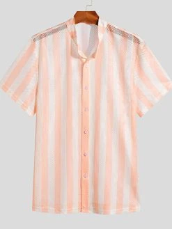 Mens Striped Mesh See Through Short Sleeve Shirt -Incerun Shop ec1ce6a5 87b3 4890 97cf 6752044b3710