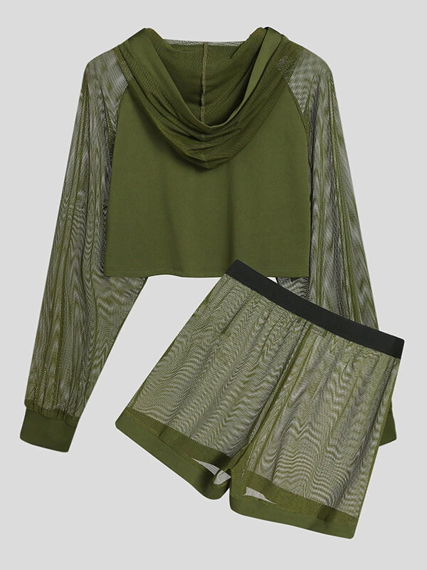 Men Hooded Mesh Patchwork Crop Top Shorts Set 4 Men Hooded Mesh Patchwork Crop Top Shorts Set - Image 2