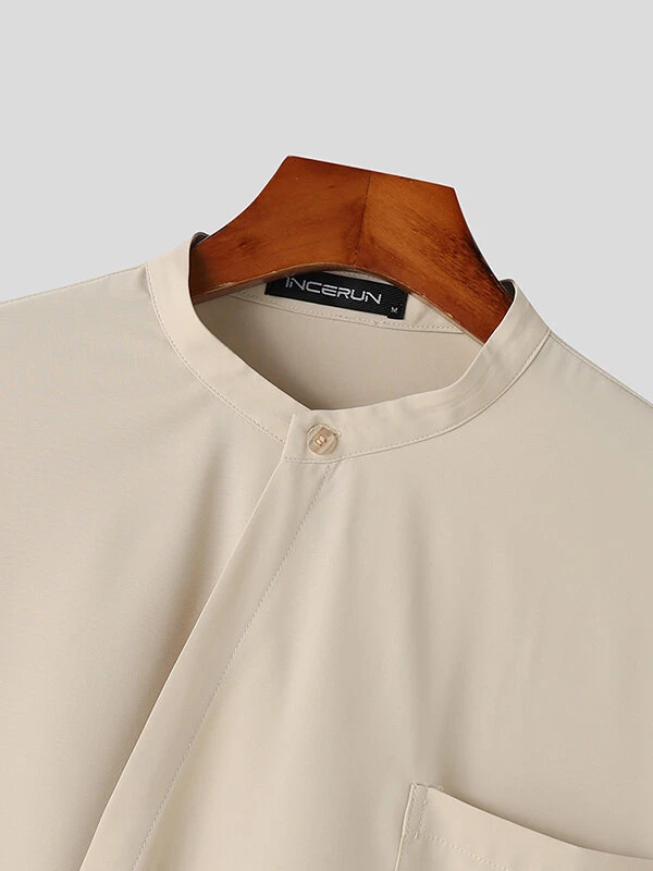 Mens Solid Stand Collar Wrap Design Long Sleeve Shirt 9 Mens Solid Stand Collar Wrap Design Long Sleeve Shirt - Image 7