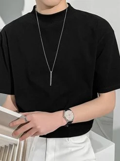 Mens High Neck Solid Color Short Sleeve T-shirt