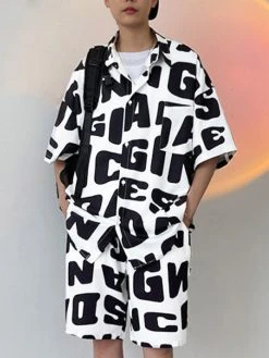 Mens Allover Letter Print 2 Pieces Outfits
