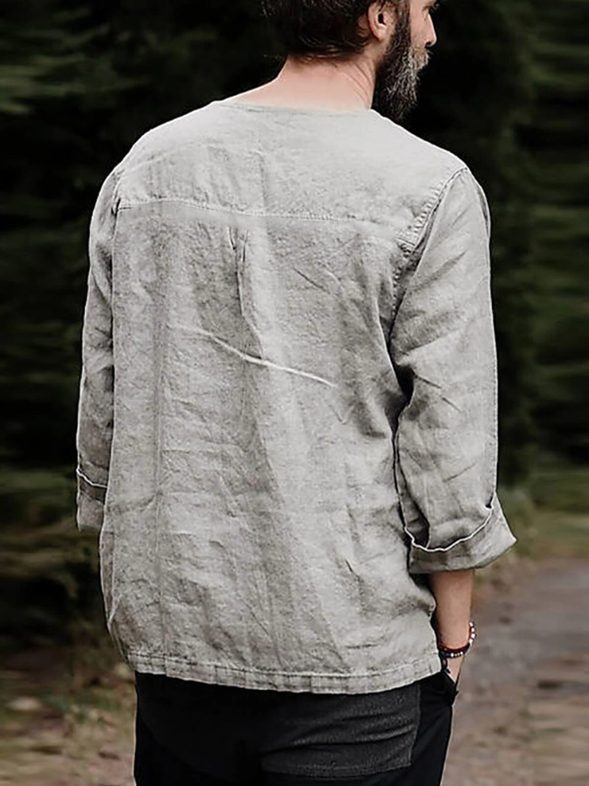 Mens Solid Lace-Up Neck 100%Cotton Long Sleeve T-Shirt 7 Mens Solid Lace-Up Neck 100%Cotton Long Sleeve T-Shirt - Image 5