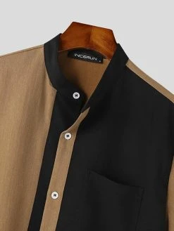 Mens Contrast Patchwork Stand Collar Short Sleeve Shirt -Incerun Shop eef335cb 4f12 4016 ba7d 72b74bc90ea4