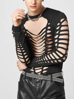 Mens Cutout Design Crew Neck Long Sleeve T-Shirt