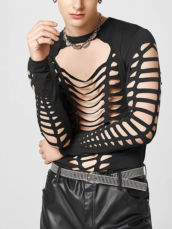 Mens Cutout Design Crew Neck Long Sleeve T-Shirt 3 Mens Cutout Design Crew Neck Long Sleeve T-Shirt